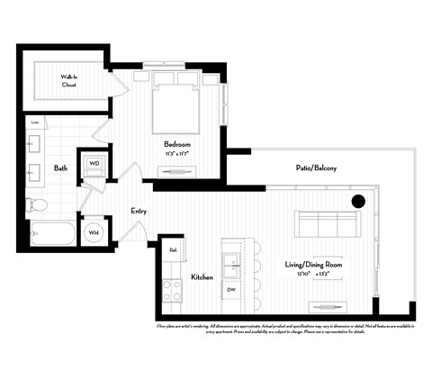 Floor plan for 1 bed, 1 bath, 723 sqft